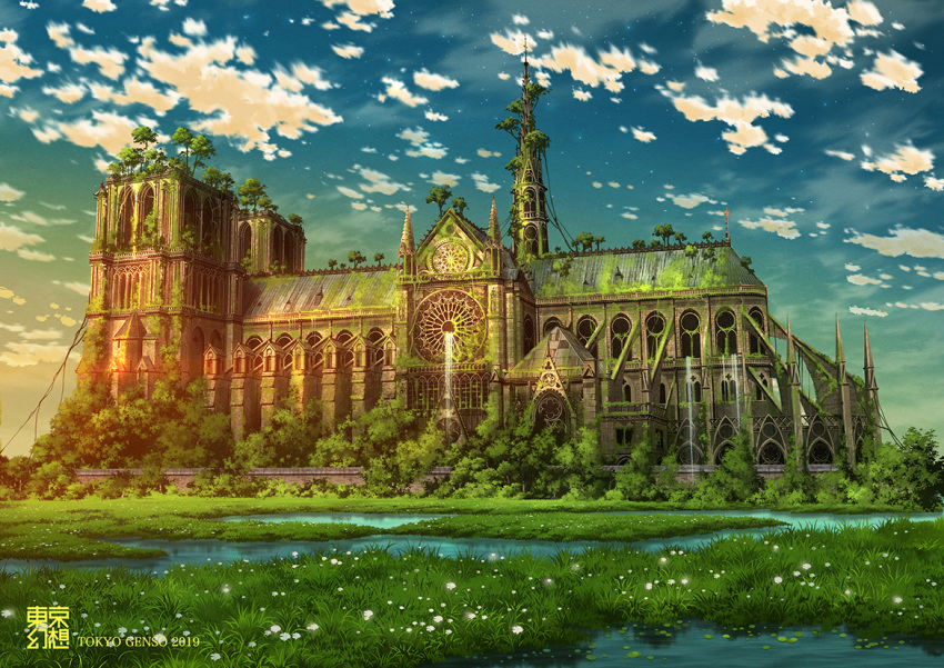 2019 artist_name blue_sky building cathedral cloud cloudy_sky commentary_request day grass huge_filesize nature no_humans notre_dame_de_paris original outdoors overgrown plant post-apocalypse real_world_location scenery sky star_(sky) starry_sky tokyogenso tree