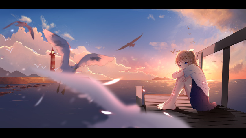 1girl absurdres akinaz barefoot bird blonde_hair blue_eyes blurry_foreground chinese_commentary cloud commentary_request highres legs_up letterboxed looking_at_viewer ocean original pier ponytail school_uniform seagull sitting sky sunset