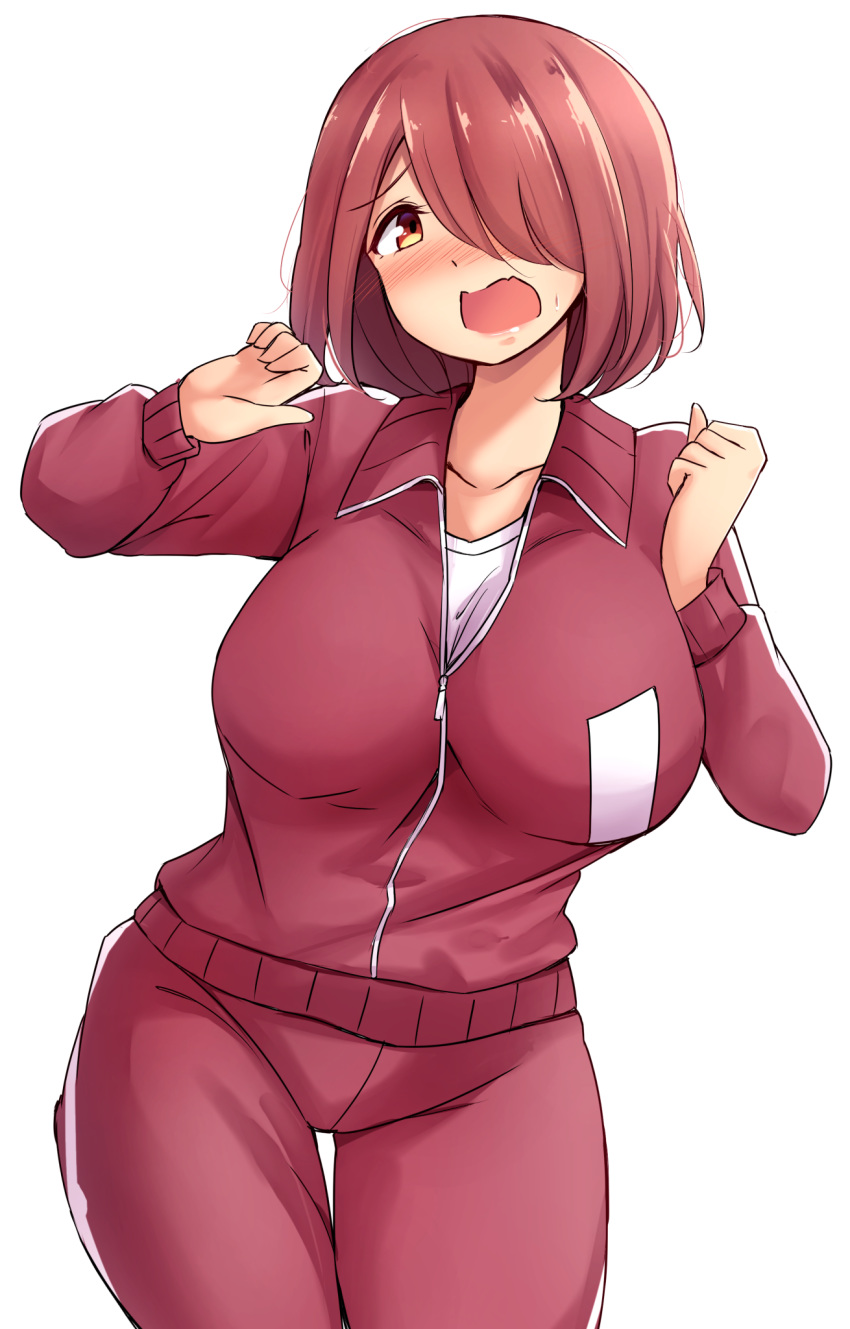 1girl blush breasts collarbone furrowed_eyebrows hair_over_one_eye hands_up highres hoshino_miyako_(wataten) jacket large_breasts long_sleeves looking_at_viewer mistynight nose_blush open_mouth pants red_eyes red_hair red_jacket red_pants shirt short_hair solo thigh_gap track_jacket track_pants watashi_ni_tenshi_ga_maiorita! white_shirt zipper_pull_tab