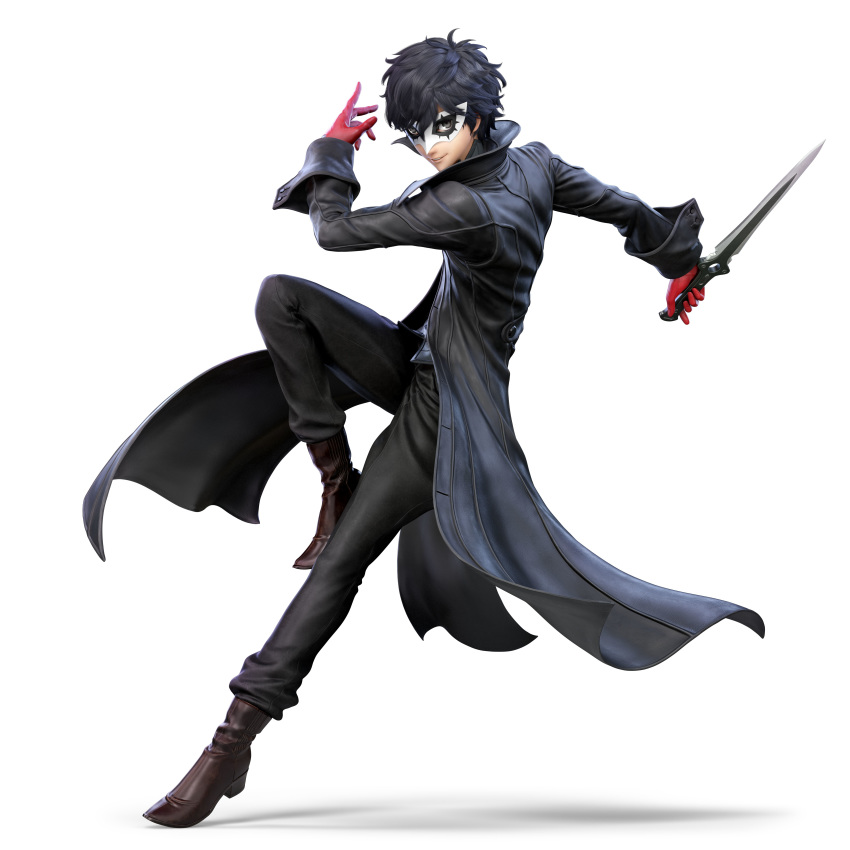 1boy 3d amamiya_ren atlus black_coat black_hair black_pants boots coat gloves highres knife male male_focus mask nintendo official_art pants persona persona_5 pose red_gloves shadow smile super_smash_bros. super_smash_bros._ultimate weapon