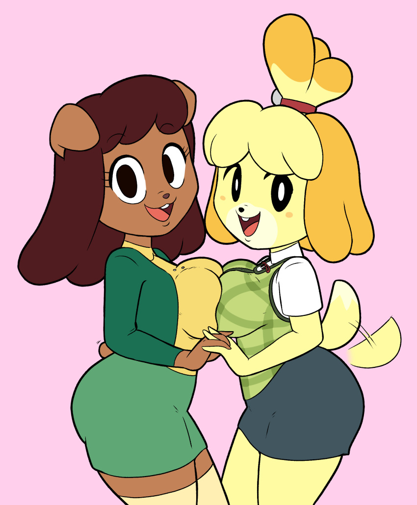 &lt;3 2019 animal_crossing anthro anthrofied big_breasts blush breasts brown_hair canid canine canis carla_(ok_k.o.!_lbh) cartoon_network clothed clothing competition digital_media_(artwork) domestic_dog duo excited female fur hair hand_holding hi_res isabelle_(animal_crossing) looking_at_viewer mammal mature_female nintendo ok_k.o.!_let's_be_heroes open_mouth shih_tzu simple_background smile tailwag tortoisesensei toy_dog video_games wide_hips