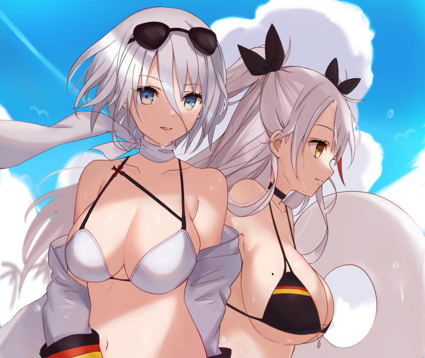 2girls azur_lane bangs bikini blue_eyes blue_sky breasts choker cleavage cloud collarbone commentary_request eyebrows_visible_through_hair eyewear_on_head flag_print german_flag_bikini hair_between_eyes highres inanami innertube jacket large_breasts long_hair looking_at_viewer mole mole_on_breast multiple_girls navel neck_ribbon outdoors prinz_eugen_(azur_lane) ribbon short_hair silver_hair sky smile sunglasses swimsuit tirpitz_(azur_lane) two_side_up white_bikini yellow_eyes