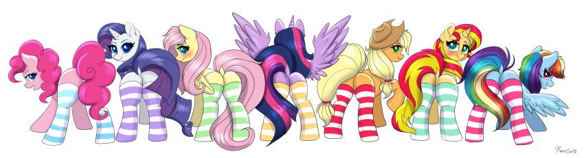 absurd_res applejack_(mlp) blonde_hair blue_eyes blush butt clothing cowboy_hat dock earth_pony equestria_girls equid equine feathered_wings feathers feral fluttershy_(mlp) friendship_is_magic green_eyes group hair hat hi_res horn horse legwear looking_at_viewer looking_back mammal multicolored_hair my_little_pony open_mouth open_smile pink_hair pinkie_pie_(mlp) pony pterippus purple_hair rainbow_dash_(mlp) rainbow_hair rarity_(mlp) ravensunart rear_view red_eyes simple_background smile stockings striped_legwear stripes sunset_shimmer_(eg) twilight_sparkle_(mlp) unicorn winged_unicorn wings