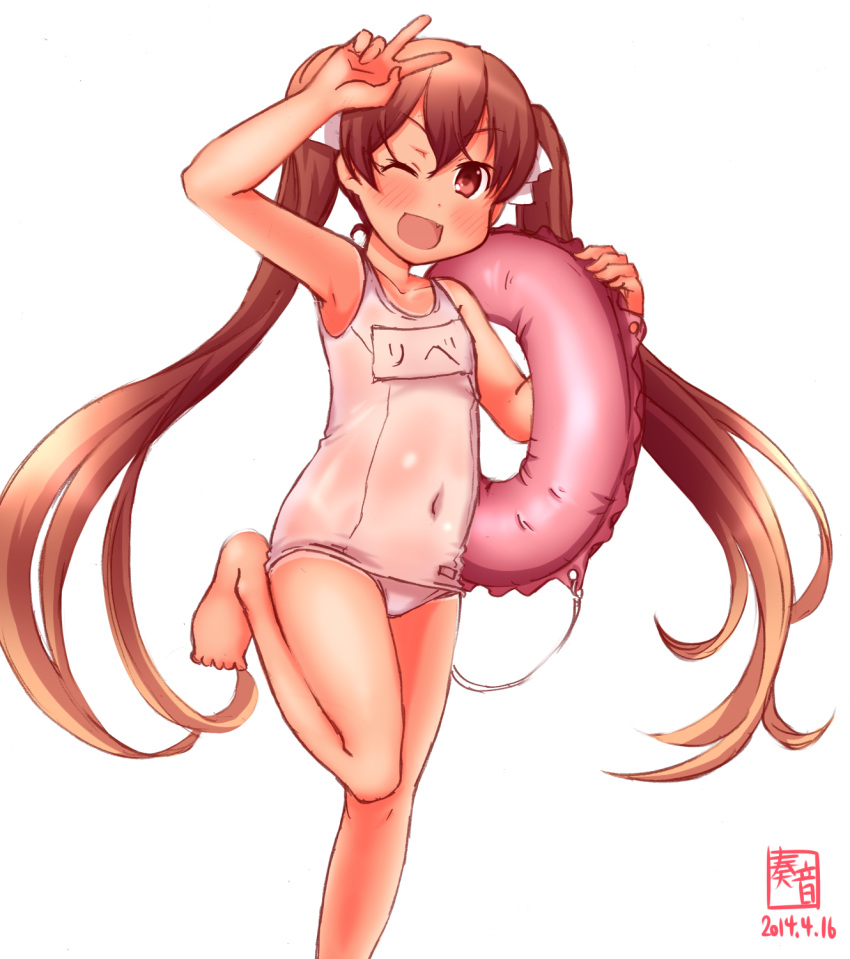 artist_logo bad_feet barefoot brown_eyes brown_hair commentary_request dated fang feet_out_of_frame hair_ribbon highres innertube kanon_(kurogane_knights) kantai_collection libeccio_(kantai_collection) long_hair name_tag navel one_eye_closed open_mouth ribbon school_swimsuit see-through simple_background skin_fang standing standing_on_one_leg swimsuit tan twintails v white_background white_ribbon white_school_swimsuit white_swimsuit