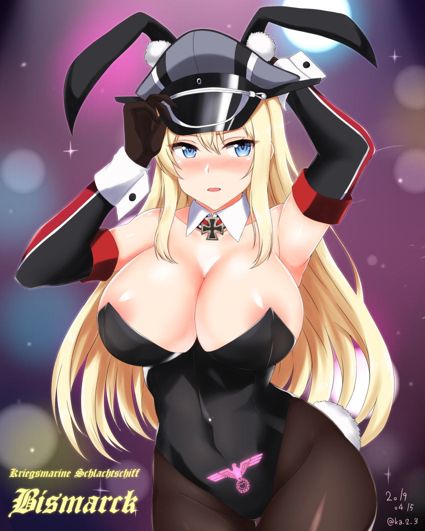 1girl absurdres animal_ears arms_up bismarck_(kantai_collection) black_legwear black_leotard blonde_hair blue_eyes breasts brown_gloves bunny_ears bunny_tail bunnysuit character_name commentary_request cowboy_shot dated detached_collar emblem german_text gloves grey_headwear hat highres iron_cross ka_tsumi kantai_collection large_breasts leotard looking_to_the_side military_hat multicolored multicolored_background pantyhose peaked_cap solo sparkle strapless strapless_leotard tail thigh_gap twitter_username wide_hips wrist_cuffs