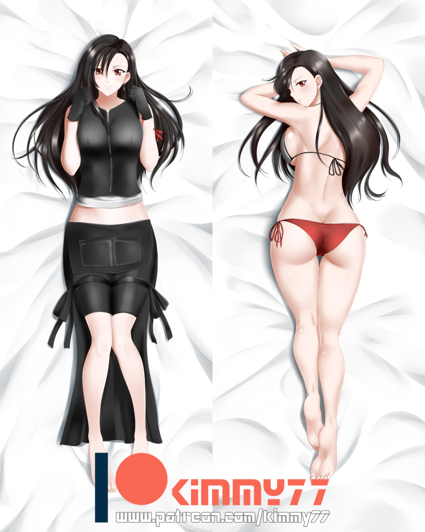 1girl alfred_cullado ass barefoot bed_sheet black_gloves black_hair black_jacket black_ribbon black_shorts butt_crack dakimakura earrings final_fantasy final_fantasy_vii from_above full_body gloves grey_bikini_top hair_between_eyes highres jacket jewelry long_hair looking_at_viewer looking_back lying multiple_views on_stomach orange_eyes patreon_logo red_bikini_bottom red_ribbon ribbon shiny shiny_hair shorts sleeveless_jacket smile soles solo tifa_lockhart very_long_hair waist_cape watermark