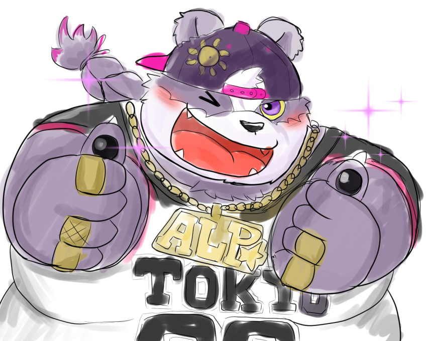2019 alp_(tas) anthro blush clothing cute_fangs fur giant_panda humanoid_hands male mammal mohumohudansi one_eye_closed overweight overweight_male purple_fur shirt solo text tokyo_afterschool_summoners ursid video_games wink