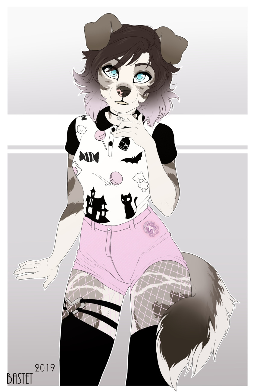2019 5_fingers anthro bastika blue_eyes brown_hair canid canine canis clothed clothing digital_media_(artwork) domestic_dog female hair looking_at_viewer mammal smile solo standing