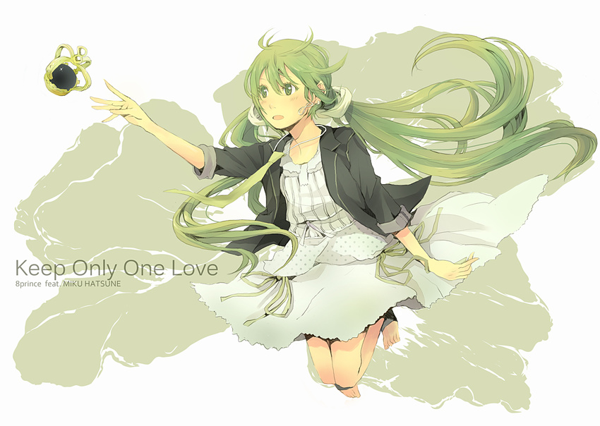 bad_id bad_pixiv_id bangs barefoot black_jacket blush casual character_name crown crown_removed dress earrings full_body green_eyes green_hair green_ribbon hairdressing hatsune_miku jacket jewelry jumping keep_only_one_love_(vocaloid) long_hair long_sleeves necktie open_mouth reaching ribbon short_dress simple_background sleeves_rolled_up solo song_name twintails very_long_hair vocaloid white_dress yoshito