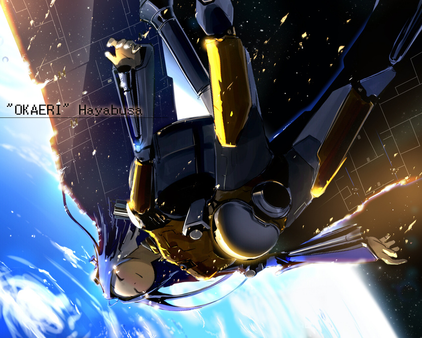 atmospheric_reentry blue_hair bodysuit closed_eyes earth falling hayabusa_(spacecraft) hosimo long_hair mecha_musume original personification romaji solo space space_craft tears wallpaper