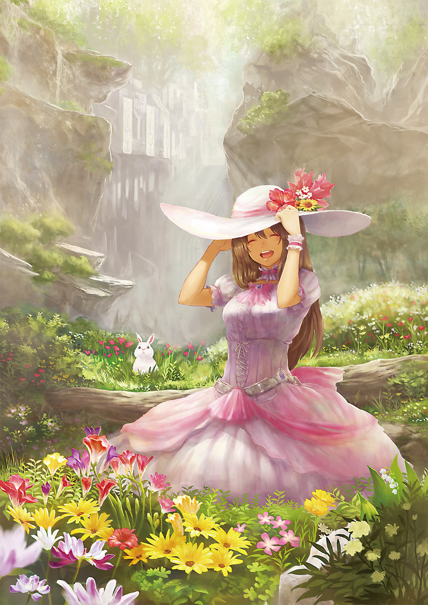 arm_garter belt brown_hair building bunny closed_eyes day dress field flower gown guchico happy hat hibiscus highres long_hair meadow original outdoors pink_dress pixiv_festa smile solo sun_hat