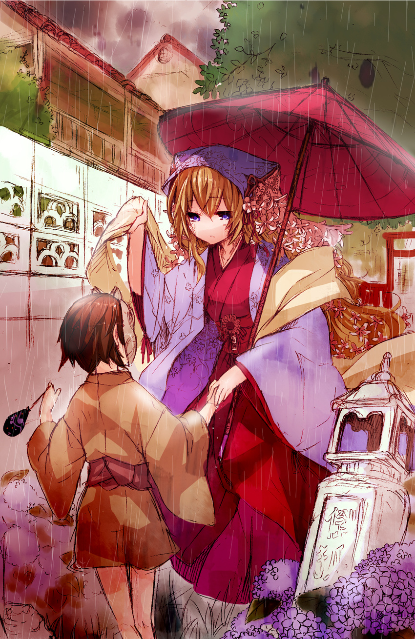 brown_hair child flower fox_mask hair_flower hair_ornament highres holding hydrangea japanese_clothes kimono komota long_hair mask multiple_girls oriental_umbrella original purple_eyes rain stone_lantern umbrella veil very_long_hair