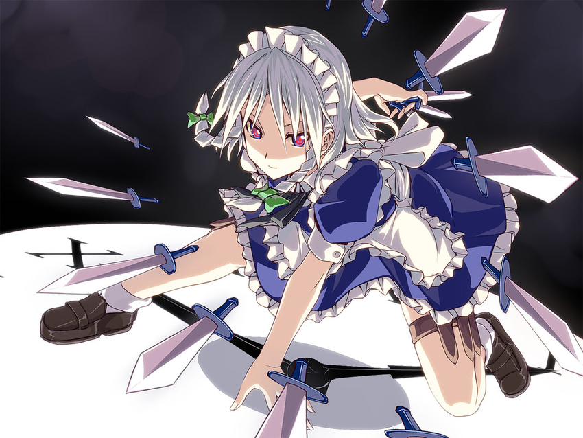 braid danmaku izayoi_sakuya knife maid maid_headdress red_eyes short_hair silve silver_hair solo touhou twin_braids