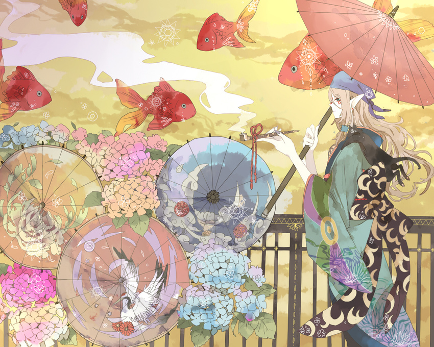 alternate_hair_length alternate_hairstyle anbivarens androgynous bandana blonde_hair blue_eyes facepaint fish flower goldfish grey_nails hair_ornament hydrangea japanese_clothes jewelry kimono kiseru kusuriuri_(mononoke) long_hair looking_to_the_side makeup male_focus medallion mononoke nail_polish obi oriental_umbrella pipe pointy_ears profile sash smoke smoking solo sun_(symbol) surreal umbrella