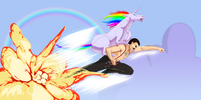 4chan drawfag epic explosion fabulous facial_hair freddie_mercury highres male_focus manly mustache parody queen_(band) rainbow riding robot robot_unicorn_attack role_reversal sakigake!!_cromartie_koukou shirtless suspenders unicorn