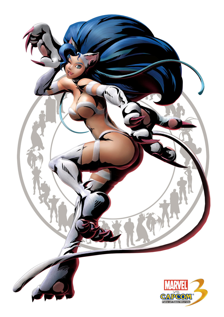 animal_ears ass big_hair breasts cat_ears cat_tail claws fangs felicia fur green_eyes highres large_breasts long_hair marvel marvel_vs._capcom marvel_vs._capcom_3 monster_girl mori_toshiaki official_art one_eye_closed open_mouth outstretched_hand pointy_ears slit_pupils solo standing standing_on_one_leg tail vampire_(game)