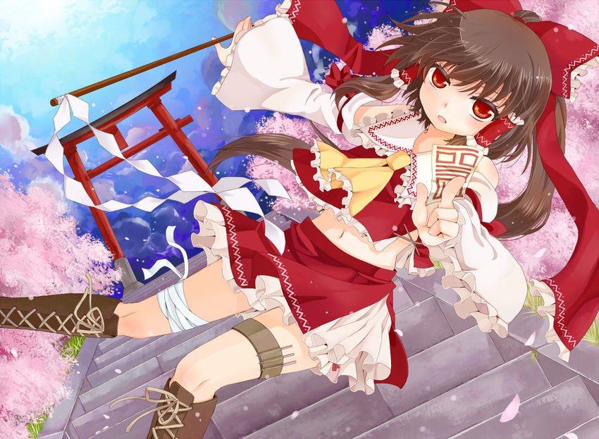 adapted_costume ascot bad_id bad_pixiv_id bandages between_fingers boots bow brown_hair cherry_blossoms colored_eyelashes cross-laced_footwear dutch_angle eyelashes flying frills gohei hair_bow hair_ribbon hair_tubes hakurei_reimu hands holster knee_boots lace-up_boots midriff navel ofuda petals red_eyes ribbon skirt solo stairs thigh_holster thigh_strap torii touhou tsuguha