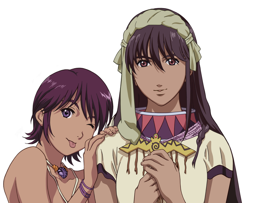 ;p brown_eyes dark_skin highres long_hair macross macross_zero mao_nome multiple_girls official_art one_eye_closed production_art purple_eyes purple_hair sara_nome short_hair simple_background tongue tongue_out