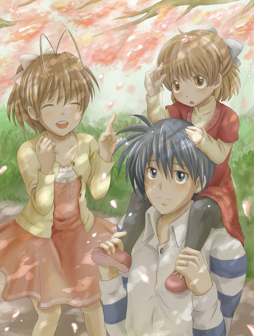 2girls absurdres blue_eyes blue_hair brown_eyes brown_hair carrying cherry_blossoms clannad dappled_sunlight family furukawa_nagisa highres husband_and_wife jewelry miku_(mitty39) multiple_girls okazaki_tomoya okazaki_ushio petals ring shade short_hair shoulder_carry sunlight