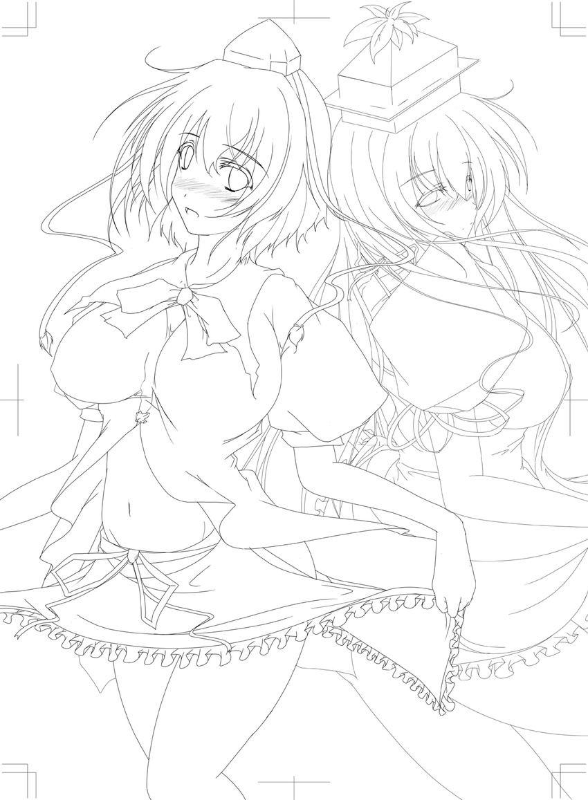 blush breasts greyscale highres kamishirasawa_keine large_breasts legs lineart monochrome multiple_girls navel reiha_(penetrate) shameimaru_aya touhou