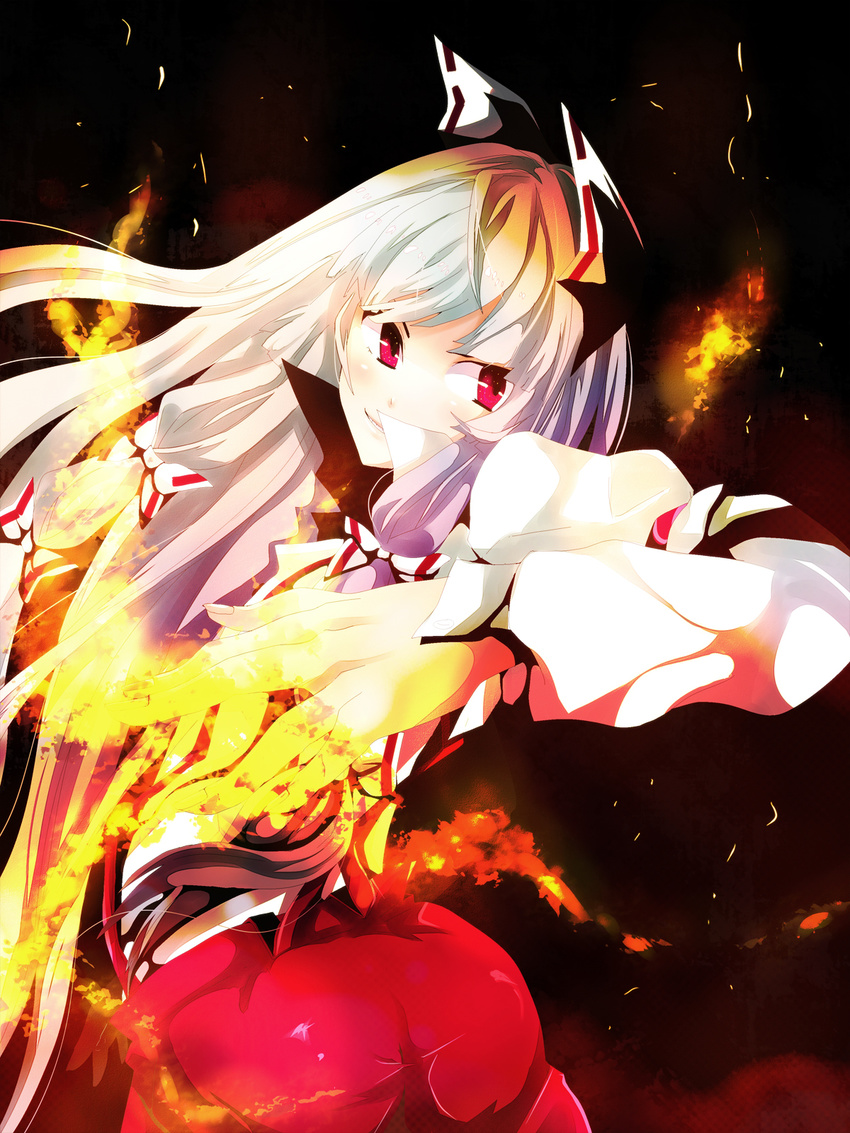 bow fire fujiwara_no_mokou grin hair_bow highres long_hair looking_back red_eyes smile solo suspenders touhou white_hair yamineko