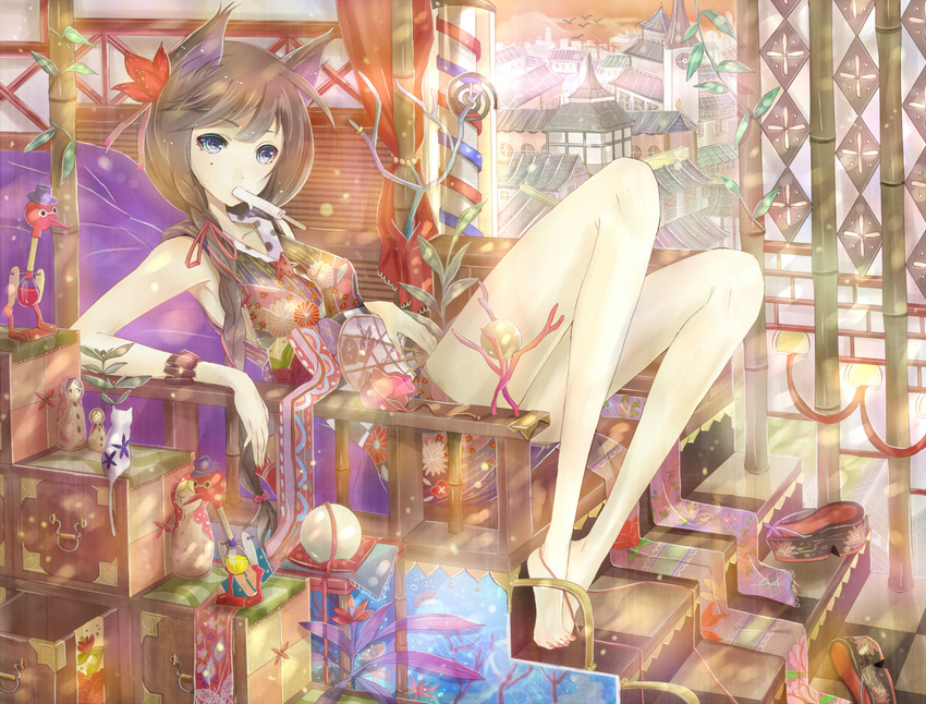 animal_ears architecture bad_id bad_pixiv_id bamboo barber_pole barefoot bird blue_eyes brown_hair cityscape colorful doll drinking_bird east_asian_architecture eating fan flower food fox_ears hair_flower hair_ornament japanese_clothes legs long_hair lying matryoshka_doll on_back original paper_fan ponytail popsicle ribbon sandals sitting solo stairs uchiwa yuna_(rutera)