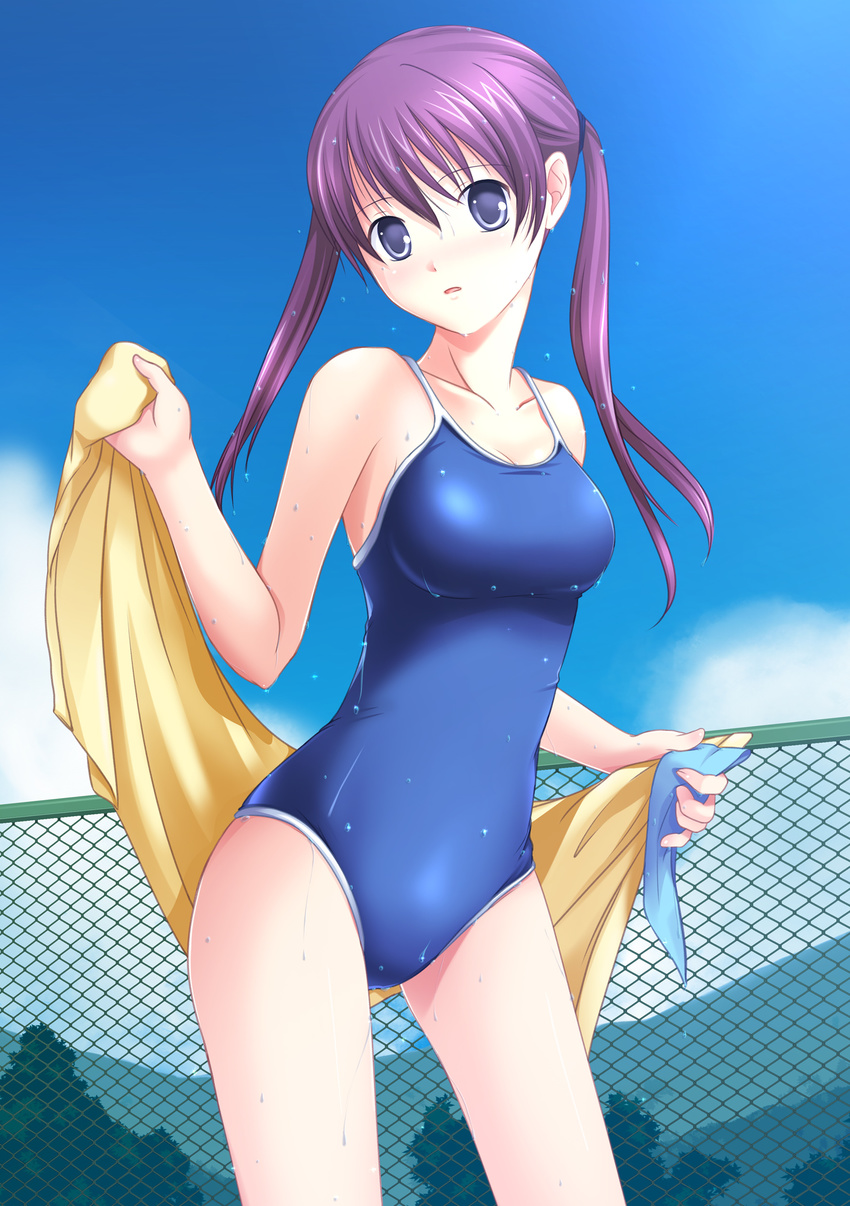 absurdres bad_id bad_pixiv_id bangs bare_arms bare_shoulders blue_eyes blue_sky blush breasts chain-link_fence cloud collarbone cowboy_shot day drying drying_body eyebrows_visible_through_hair fence hair_between_eyes head_tilt highres holding holding_towel iwahata_takiyo long_hair looking_at_viewer medium_breasts one-piece_swimsuit original outdoors parted_lips purple_hair school_swimsuit shiny shiny_clothes sky solo standing swimsuit towel twintails water_drop wet yellow_towel