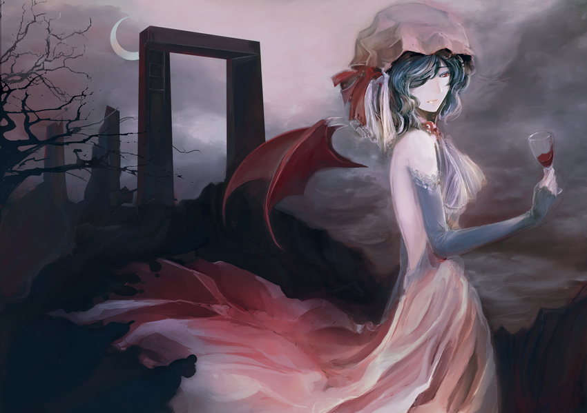 alcohol bat_wings blue_hair cup detached_wings drinking_glass eyepatch hat highres older red_eyes remilia_scarlet rosicrucuans short_hair solo touhou wine wine_glass wings