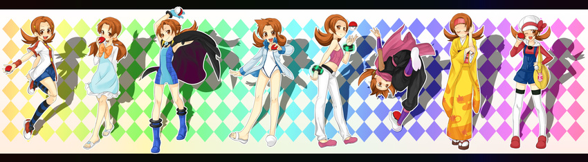 akane_(pokemon) akane_(pokemon)_(cosplay) alternate_hairstyle anzu_(pokemon) anzu_(pokemon)_(cosplay) brown_hair cameo cosplay different_shadow erika_(pokemon) erika_(pokemon)_(cosplay) highres holding holding_poke_ball ibuki_(pokemon) ibuki_(pokemon)_(cosplay) kasumi_(pokemon) kasumi_(pokemon)_(cosplay) kotone_(pokemon) legs mikan_(pokemon) mikan_(pokemon)_(cosplay) natsume_(pokemon) natsume_(pokemon)_(cosplay) poke_ball pokegear pokemon pokemon_(game) pokemon_hgss rainbow_background saku_(pixiv526117) shadow thighhighs twintails when_you_see_it zettai_ryouiki