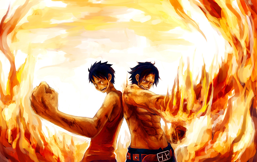 back-to-back bad_id bad_pixiv_id belt blue_hair bruise clenched_hand fiery_background fire foreshortening injury male_focus monkey_d_luffy multiple_boys muscle one_piece open_mouth portgas_d_ace scar shirtless tsuyomaru