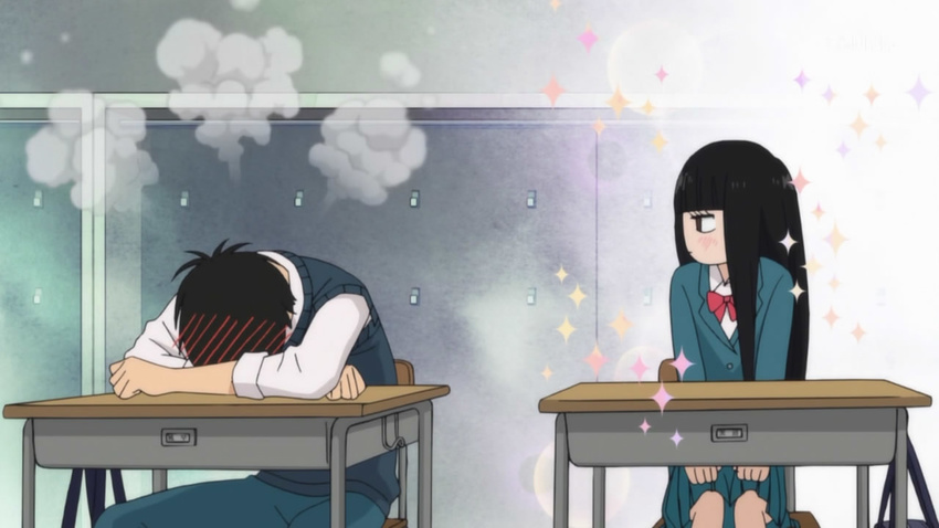 1girl blush headdesk kazehaya_shouta kimi_ni_todoke kuronuma_sawako official_art school_uniform screencap sparkle steam