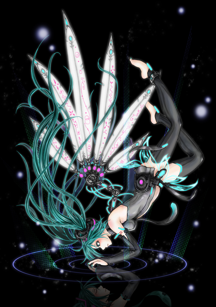 absurdres aqua_eyes aqua_hair bad_id bad_pixiv_id barefoot belt bridal_gauntlets detached_sleeves dual_persona elbow_gloves fingerless_gloves gloves hatsune_miku hatsune_miku_(append) hibiki_mikuri highres long_hair mechanical_wings necktie reflection thighhighs toeless_legwear twintails very_long_hair vocaloid vocaloid_append wings zettai_ryouiki