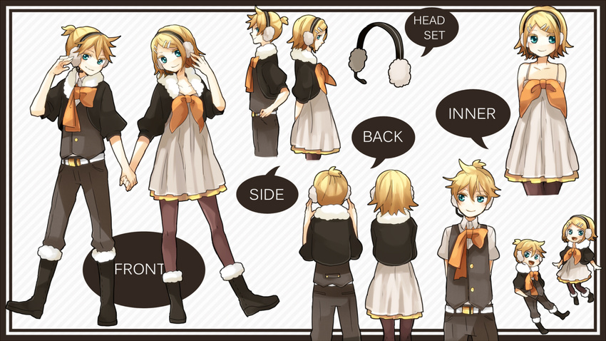 1girl asymmetry_(module) boots brother_and_sister concept_art dress earmuffs gemini_(vocaloid) headphones kagamine_len kagamine_rin legs pants pantyhose project_diva_(series) project_diva_2nd siblings tama_(songe) twins vest vocaloid