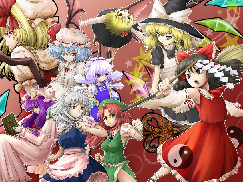 bad_id bad_pixiv_id bat_wings black_hair blonde_hair blue_eyes blue_hair book bow braid broom china_dress chinese_clothes cirno detached_sleeves dress flandre_scarlet gohei green_eyes hair_bow hair_ribbon hakurei_reimu hat highres hitonoma hong_meiling izayoi_sakuya kirisame_marisa knife long_hair maid maid_headdress multiple_girls outstretched_arms patchouli_knowledge ponytail purple_eyes purple_hair red_eyes red_hair remilia_scarlet ribbon rumia shide short_hair side_ponytail silver_hair spread_arms the_embodiment_of_scarlet_devil touhou twin_braids wings witch_hat yellow_eyes yin_yang