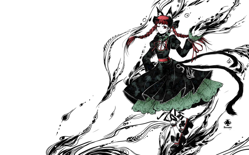 animal_ears bow braid cat_ears cat_tail hair_bow highres kaenbyou_rin multiple_tails soemy solo spot_color tail touhou wallpaper