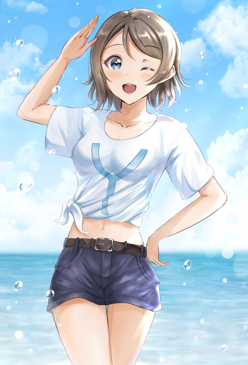 1girl ;d absurdres arm_up bangs belt belt_buckle blue_eyes blue_shorts blue_sky blush breasts brown_belt brown_hair buckle cloud cloudy_sky collarbone commentary_request day eyebrows_visible_through_hair highres horizon love_live! love_live!_sunshine!! midriff ocean one_eye_closed open_mouth outdoors print_shirt round_teeth salute shirt short_shorts short_sleeves shorts sin_(sin52y) sky small_breasts smile solo t-shirt teeth thigh_gap tied_shirt upper_teeth watanabe_you water water_drop white_shirt wide_sleeves