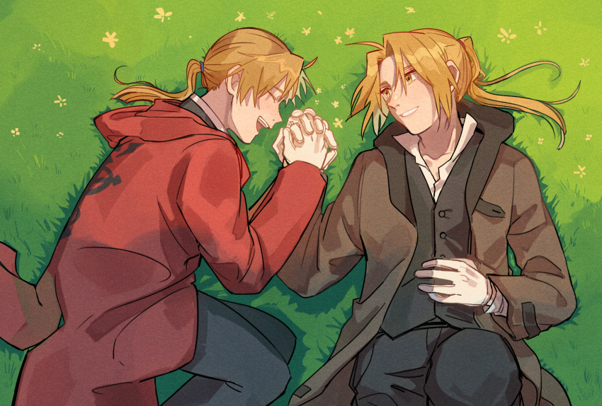 2boys :d ^_^ alphonse_elric backlighting black_pants brothers brown_coat buttons closed_eyes coat conqueror_of_shambala dress_shirt edward_elric esu_(825098897) eyes_closed feet_out_of_frame flamel_symbol flower fullmetal_alchemist gloves grass hand_holding happy highres interlocked_fingers light_smile looking_at_another lying male_focus multiple_boys nature on_back on_side open_mouth pants ponytail profile red_coat shadow shirt siblings smile vest white_gloves white_shirt yellow_eyes yellow_flower