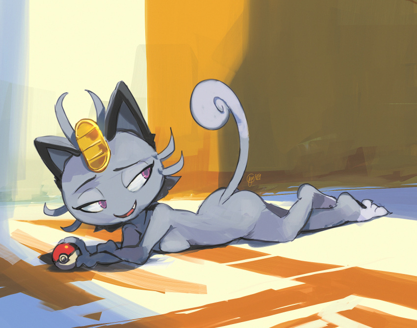 2019 alolan_meowth anthro anthrofied barefoot bedroom_eyes breast_rest breasts butt coy crossed_legs digital_media_(artwork) digital_painting_(artwork) edtropolis eyelashes felid female full-length_portrait fur grey_fur half-closed_eyes hi_res holding_object holding_pok&eacute;ball lying mammal nintendo nude on_front open_mouth open_smile pok&eacute;ball pok&eacute;mon pok&eacute;mon_(species) pok&eacute;morph portrait purple_eyes regional_variant seductive side_boob signature smile solo standard_pok&eacute;ball video_games