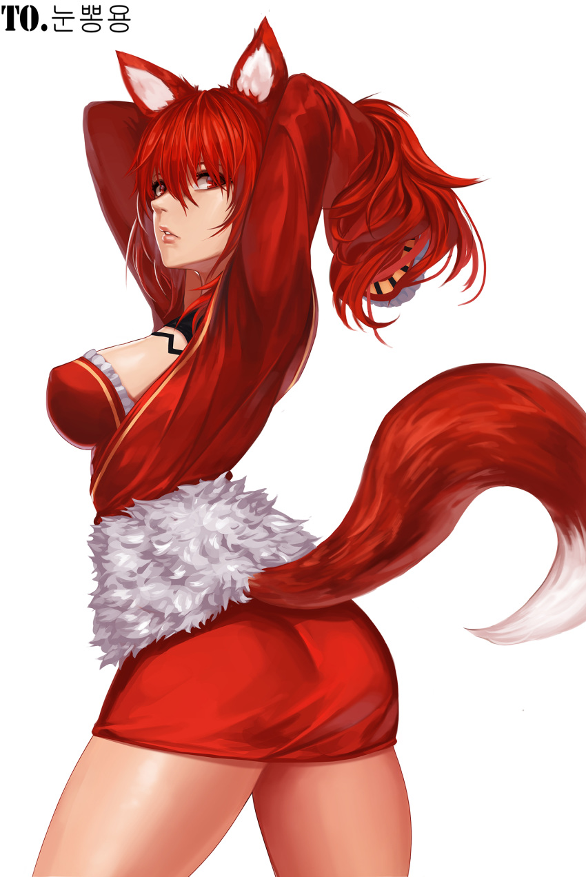 1girl animal_ears arms_up ass bangs breasts cat_ears commission cowboy_shot dress dungeon_and_fighter frilled_sleeves frills hair_between_eyes highres kibellin large_breasts long_sleeves looking_at_viewer parted_lips ponytail red_dress red_eyes red_hair sidelocks simple_background solo tail thighs white_background