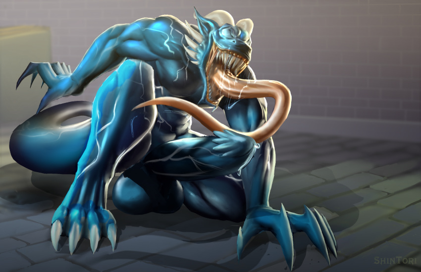 balls big_penis erection hi_res horn long_tongue male muscular muscular_male nude open_mouth penis sharp_teeth shintori solo symbiote teeth tongue tongue_out