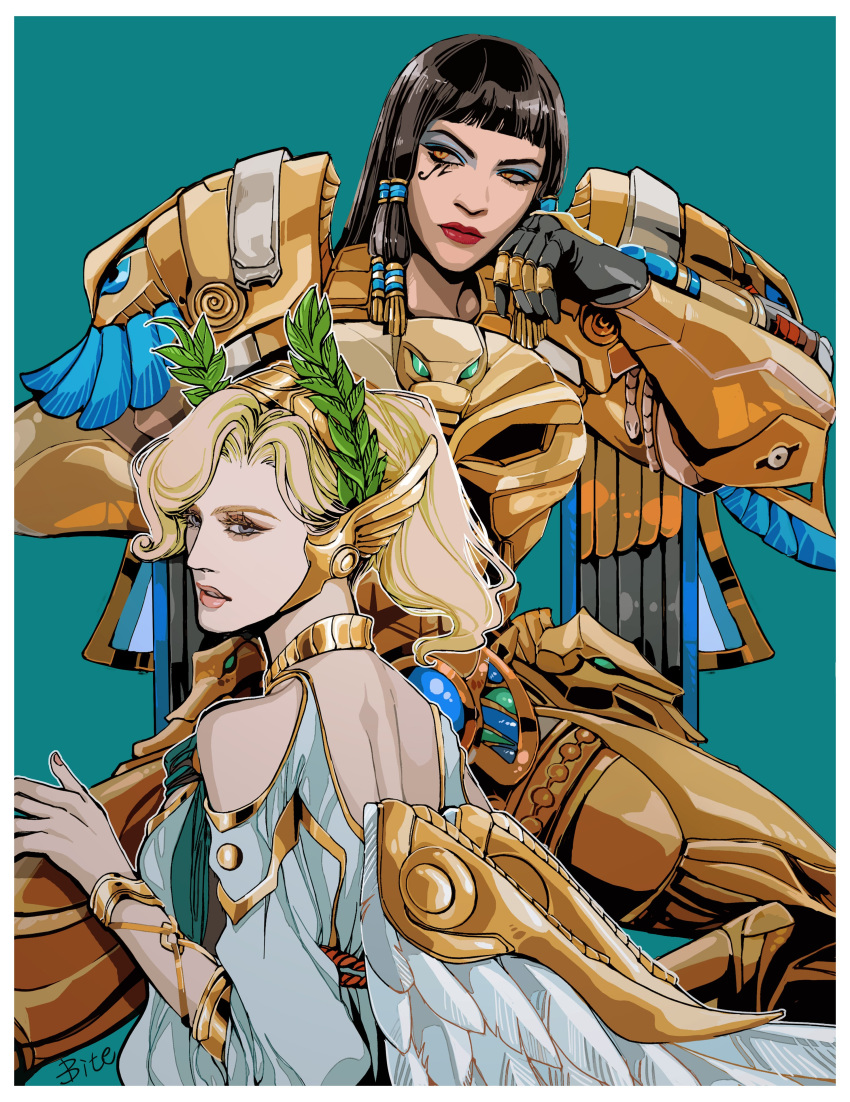 2girls absurdres alternate_costume asp_pharah back bangs bare_shoulders bite_(yaowww0) black_hair blonde_hair blue_eyes blunt_bangs border dark_skin dress egyptian_clothes eyeshadow facial_tattoo gorget green_background head_wings head_wreath highres laurel_crown lips lipstick makeup mechanical_wings mercy_(overwatch) multiple_girls no_headwear no_helmet nose overwatch pharah_(overwatch) power_armor tattoo upper_body white_border white_dress winged_victory_mercy wings yellow_eyes