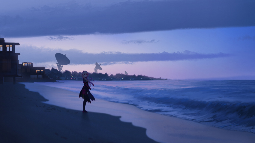 1girl bangs beach black_coat cityscape cloud cloudy_sky dusk eyebrows_visible_through_hair floating_hair full_body girls_frontline gloves hair_between_eyes headgear highres long_hair looking_at_viewer m4_sopmod_ii_(girls_frontline) multicolored_hair ocean open_mouth outdoors pink_hair red_eyes red_hair sand satellite_dish scenery sidelocks sky smile solo standing streaked_hair torn_coat waves wind zi_ye_(hbptcsg2)