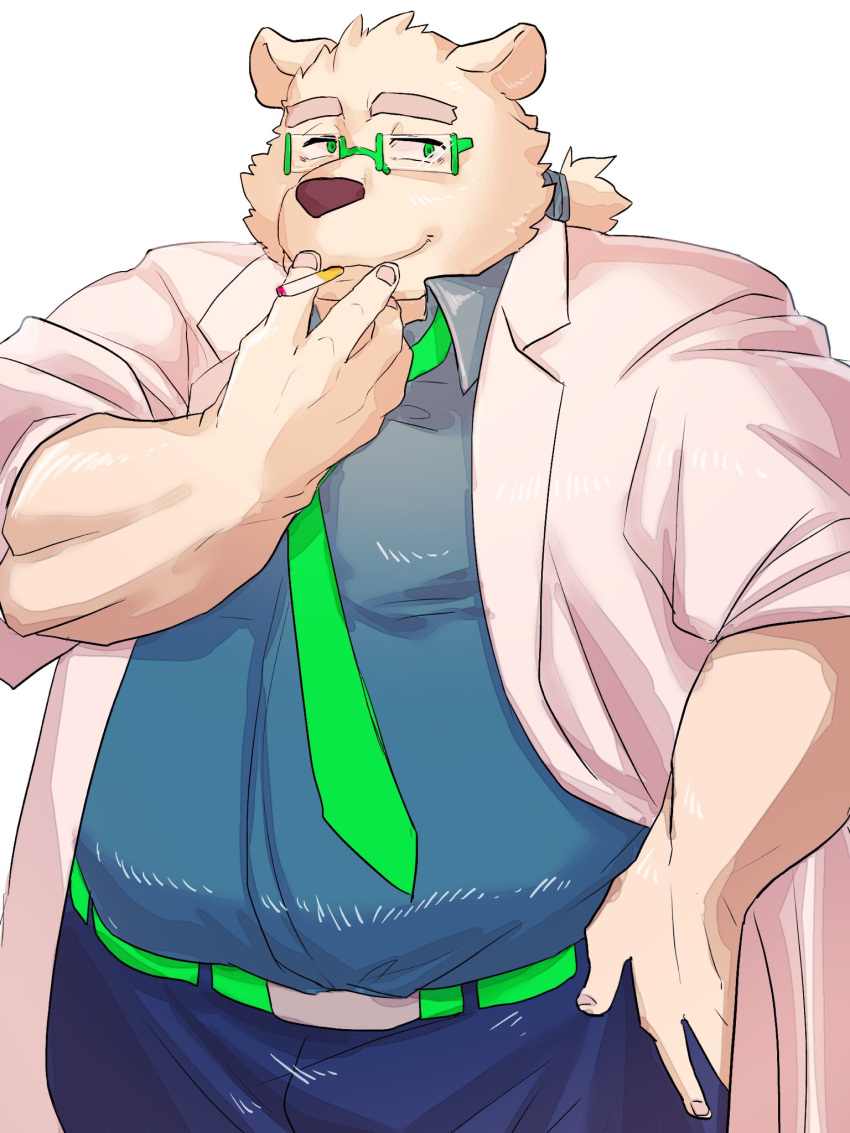 2019 anthro belly clothing eyewear fur glasses humanoid_hands ituduki_aaa leib_(tas) male mammal necktie overweight overweight_male pants polar_bear shirt simple_background smoking solo tokyo_afterschool_summoners ursid ursine video_games white_background white_fur