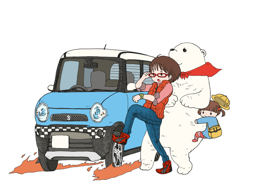 2girls back_to_the_future bear brown_hair child commentary fire glasses hat hug jacket kindergarten_uniform multiple_girls original parody polar_bear red-framed_eyewear school_hat suzuki twintails vehicle_request watch white_background wristwatch yukimoto_shuuji_(gurigura)