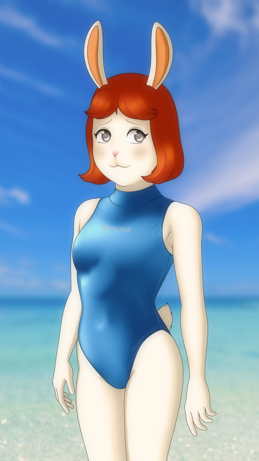 2019 absurd_res anthro arthur_(series) biped blush breasts buffbumblebee clothed clothing digital_drawing_(artwork) digital_media_(artwork) eyebrows eyelashes female front_view fur hair hi_res lagomorph leporid mammal marina_datillo one-piece_swimsuit outside rabbit smile solo sport_swimsuit standing swimsuit tight_clothing water white_fur