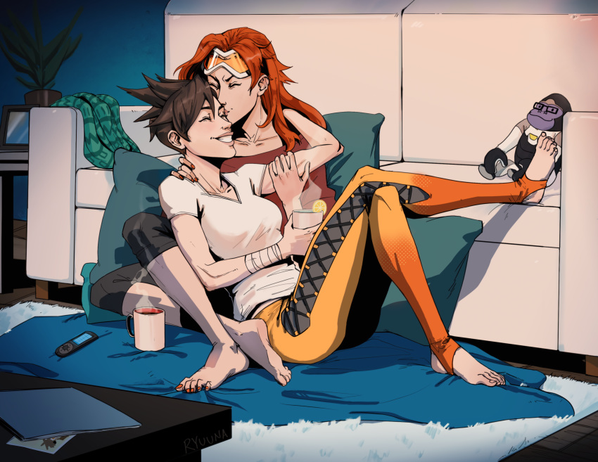 2girls artist_request brown_hair couch couple cup emily_(overwatch) eyes_closed forehead_kiss furniture goggles happy highres kiss multiple_girls nail_polish overwatch red_hair scarf sitting smile spiked_hair stuffed_animal stuffed_toy tea tracer_(overwatch) winston_(overwatch) yuri