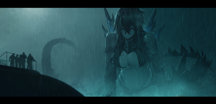 1girl borrowed_design breasts cleavage cloud cloudy_sky dark_clouds dark_sky dishwasher1910 giantess glowing glowing_eyes godzilla godzilla:_king_of_the_monsters godzilla_(2019) godzilla_(series) large_breasts legendary_pictures looking_at_viewer monsterverse navel personification rain serious shrug sky solo_focus spiked_tail spikes stomach submarine tail thong toho_(film_company) water watercraft wet
