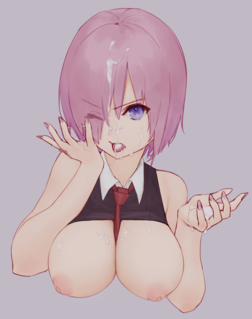 1girl absurdres between_breasts breasts breasts_outside collared_shirt cropped_torso cum cum_in_mouth cum_on_body cum_on_breasts cum_on_hair cum_on_upper_body eyebrows_visible_through_hair eyes_visible_through_hair facial fate/grand_order fate_(series) grey_background hair_over_one_eye hands_up highres looking_at_viewer mash_kyrielight nail_polish necktie necktie_between_breasts new970 nipples no_bra one_eye_closed open_mouth pink_hair pink_nails purple_eyes red_neckwear shirt short_hair simple_background sleeveless sleeveless_shirt solo tongue tongue_out upper_body white_shirt