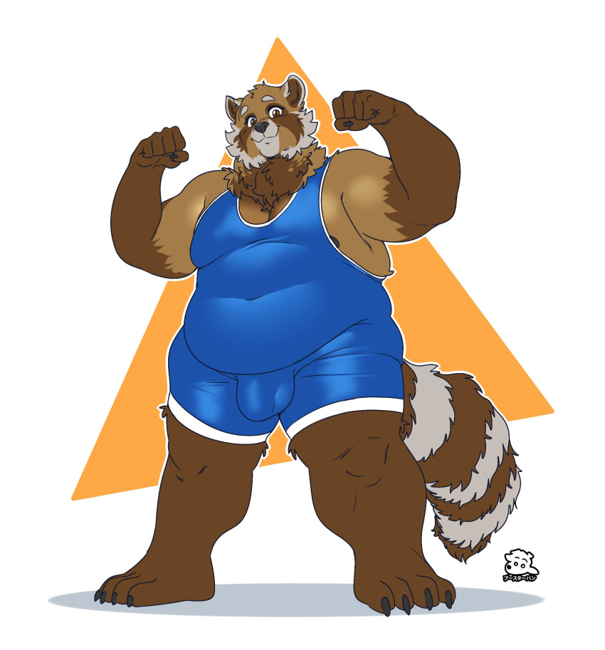 ailurid anthro boosterpang bulge clothed clothing flexing looking_at_viewer male mammal musclegut overweight overweight_male red_panda smile solo standing tight_clothing wrestling_singlet