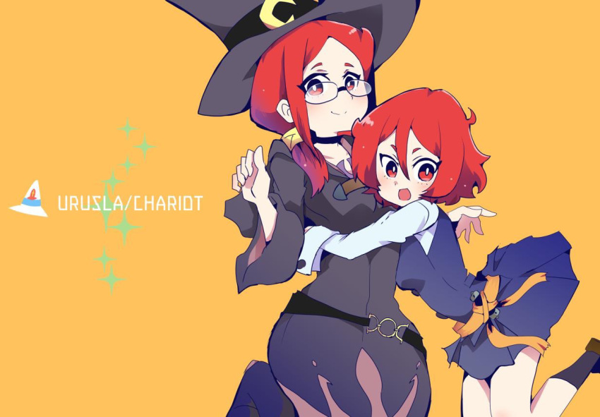 2girls age_difference breasts character_name dress glasses hair_between_eyes hat hug hys-d little_witch_academia long_hair long_sleeves looking_at_viewer multiple_girls open_mouth orange_background red_eyes red_hair shiny_chariot short_hair smile spoilers ursula_charistes witch witch_hat